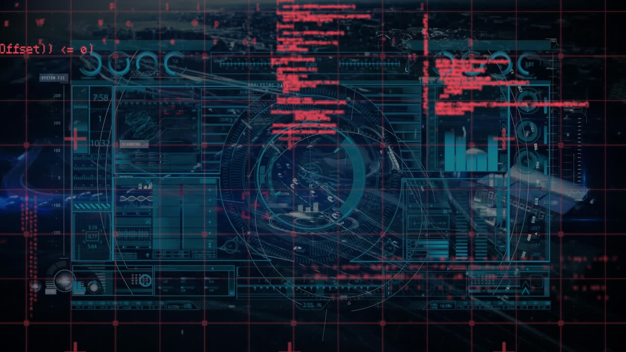 Animation of data processing over screen with diverse data and cityscape