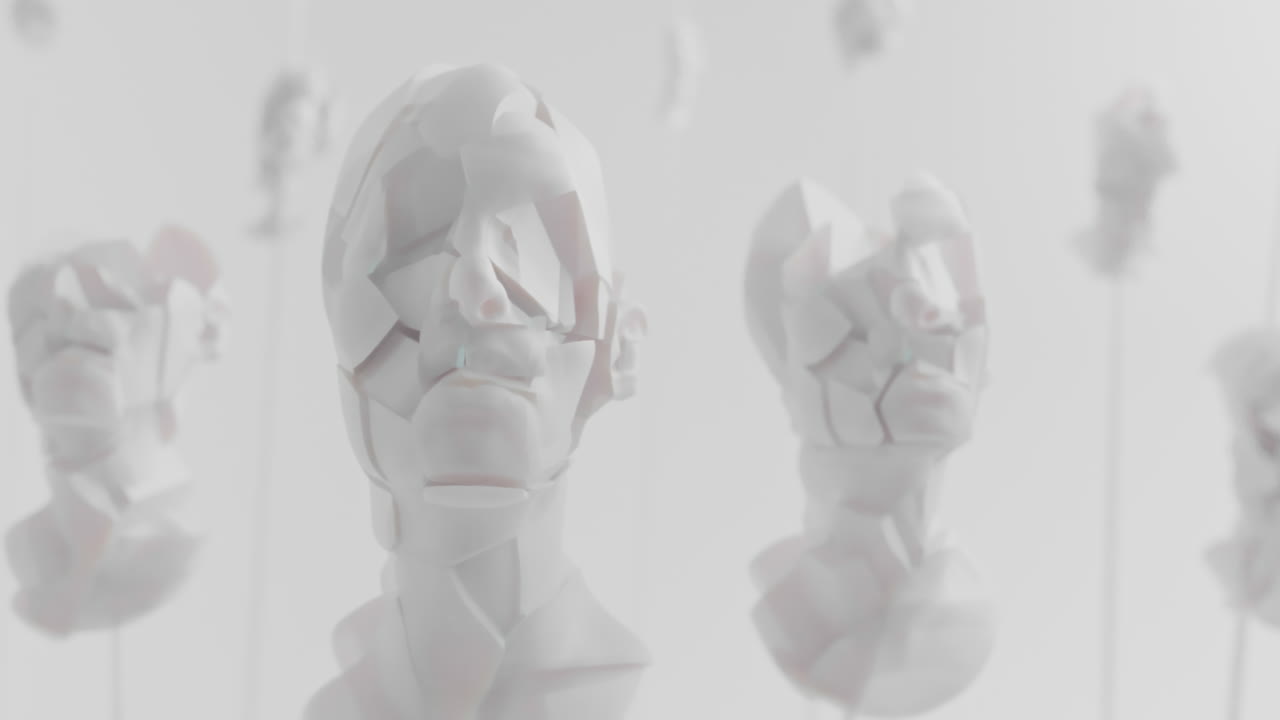 Multiple crushed android heads on spikes in white space