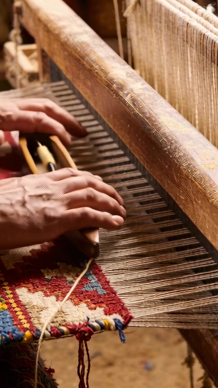 Vertical video: Picking up shuttle, long-sleeved hands guiding weft on loom in studio, packing rug