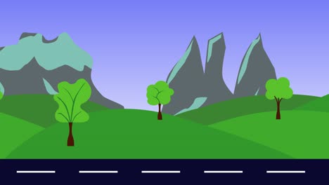 animación de paisajes naturales de colinas, montañas y carreteras, diseño plano, bucle sin costuras