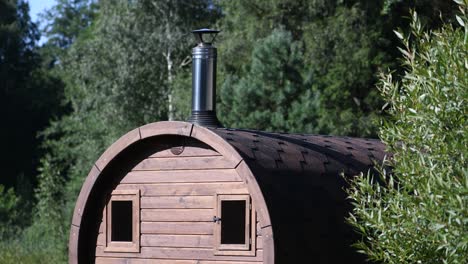 wooden sauna in forest background