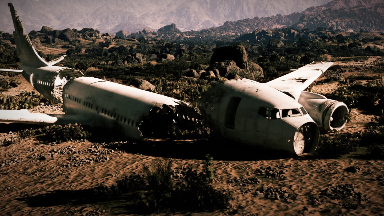 Plane wreckage in remote desert landscape after a tragic crash event