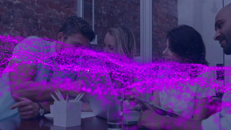 animation of waving rotating data over happy caucasian women clapping in blurred city