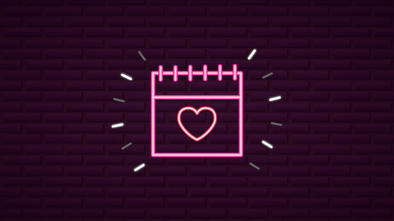 etiqueta de neón del día de san valentín animada con calendario de amor