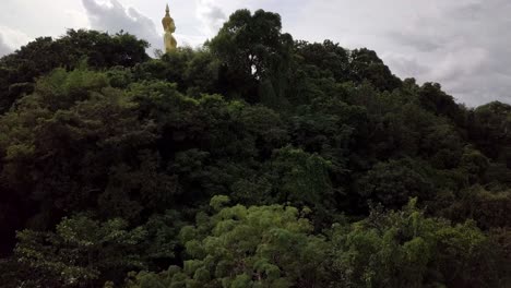 una toma aérea lenta que revela una estatua de buda, un templo y campos a lo lejos