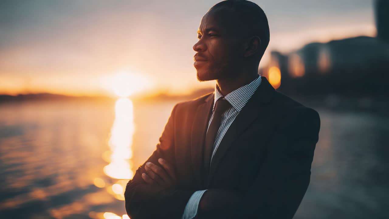 A Thoughtful Executive at Sunset: A Professional Man in a Suit Reflecting on Future Possibilities as the Sun Sets Over the Water, Conveying Ambition and Determination