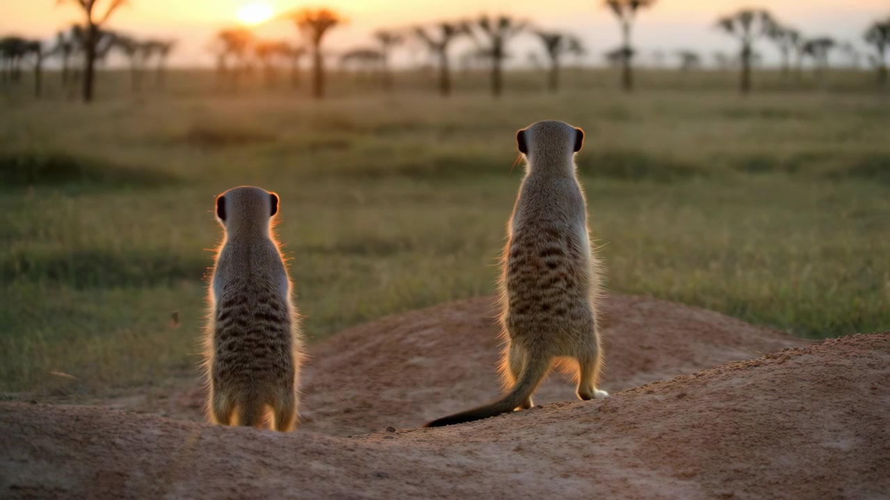 Due suricati stanno in piedi su un basso cumulo di sabbia nella savana aperta al tramonto, una calda retroilluminazione che delinea la pelliccia mentre entrambi osservano la prateria circostante con un comportamento attento e vigile e una postura calma