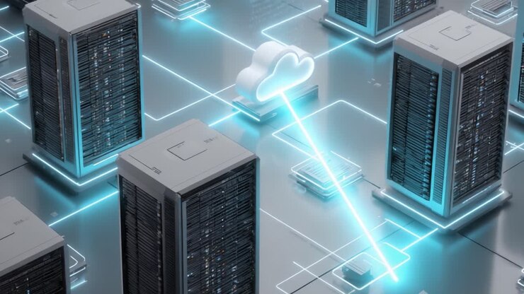 Futuristic Data Center with Cloud Connectivity: An Aerial View of Advanced Server Arrays and Cloud Computing Architecture in a Digital Landscape