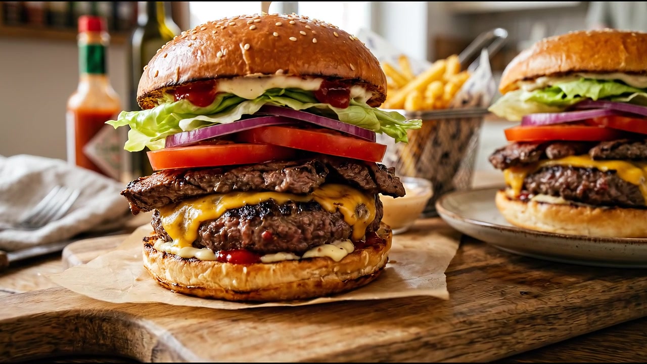 Due cheeseburger gourmet con patatine fritte su tavolo di legno, filmato di cibo generato da AI.