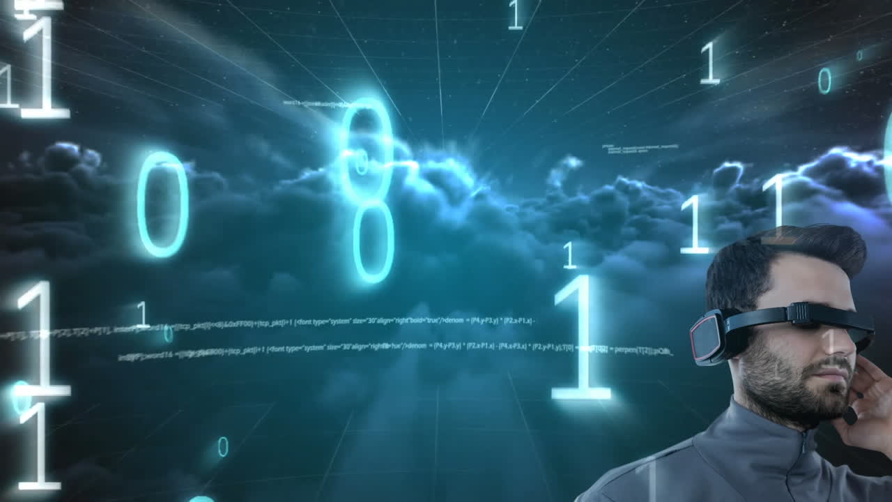 hombre caucásico con gafas vr sobre codificación binaria y procesamiento de datos contra nubes oscuras