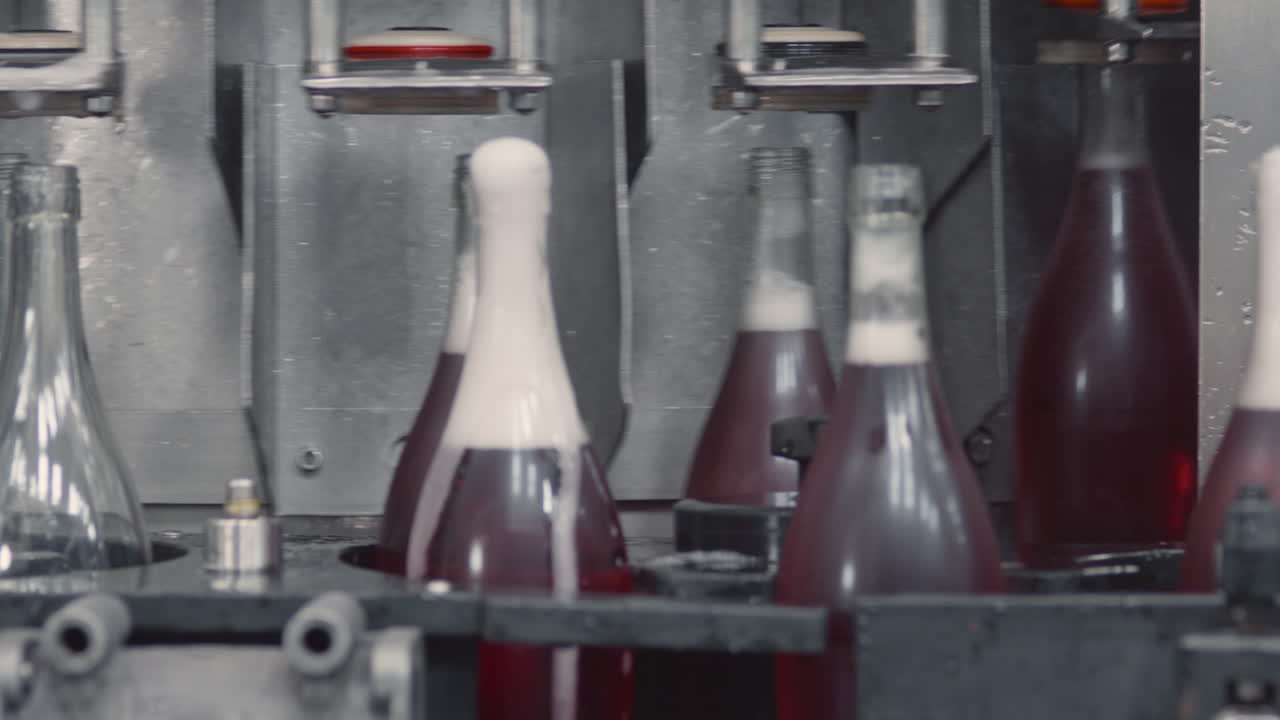 Medium shot showing glass bottles being filled with sparkling wine on an industrial production line.