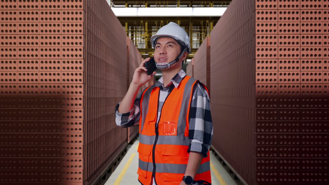 Side View Of Asian Male Engineer With Safety Helmet Talking On Smartphone While Standing With Red Brick Packed in Stacks Are Stored
