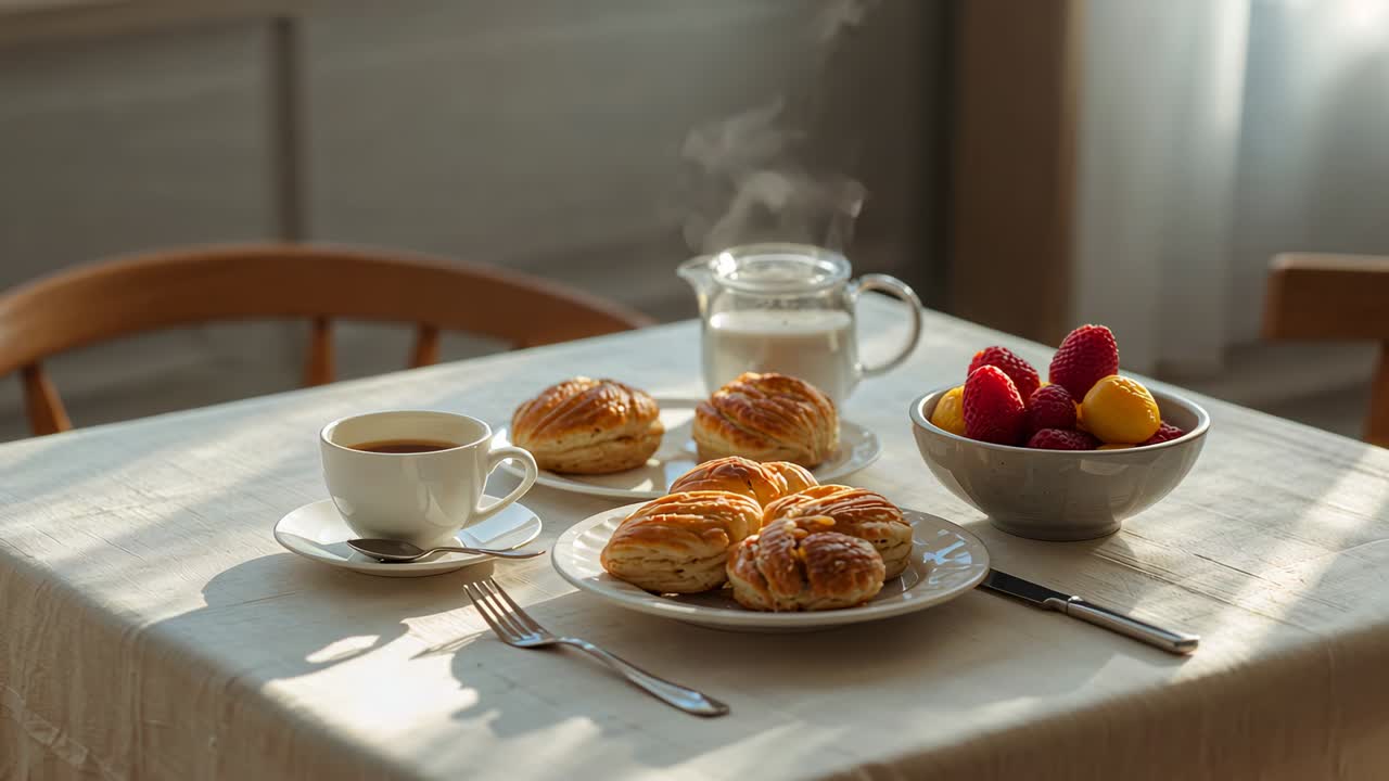 Sun warming milk jar, breakfast spread releasing steam on dining table, with coffee, pastries