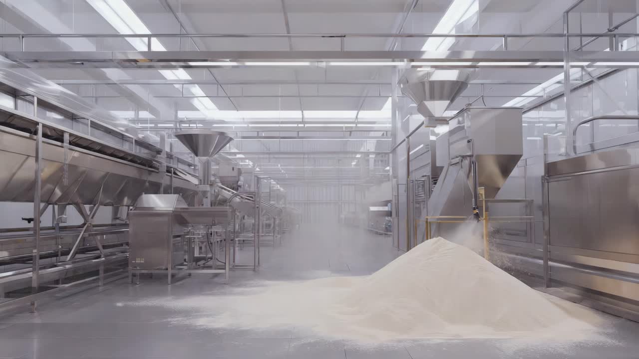 A sterile factory environment with industrial machinery and a pile of powder