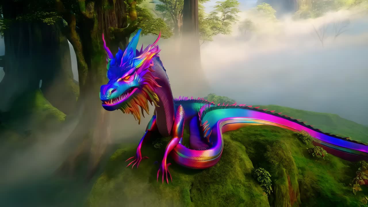 радужный дракон в туманном лесу