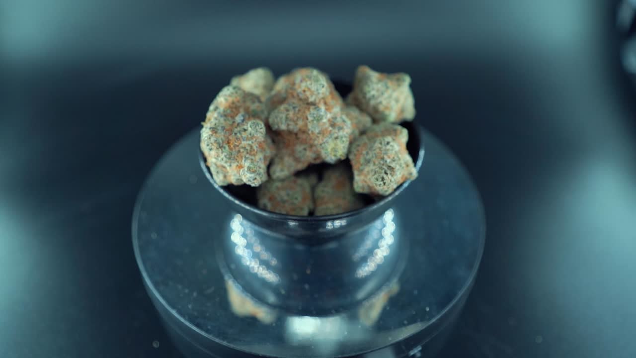 영화 은 대마초 식물, 하이브리드 오렌지 품종, 인디카 유형, 녹색 대마초 꽃, 느린 동작 120fps, 스튜디오 led 조명, 반이는 회전 스탠드.