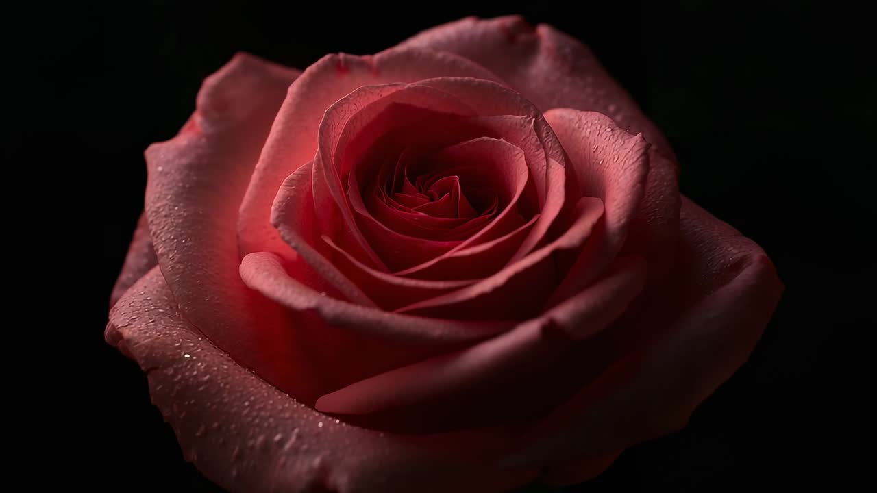 Luci mutevoli che catturano l'attenzione rivelando una rosa rosa che sboccia su uno sfondo nero con goccioline