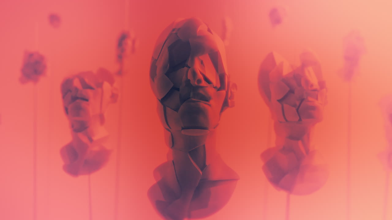 Destroyed android heads on spikes on the neon pink background