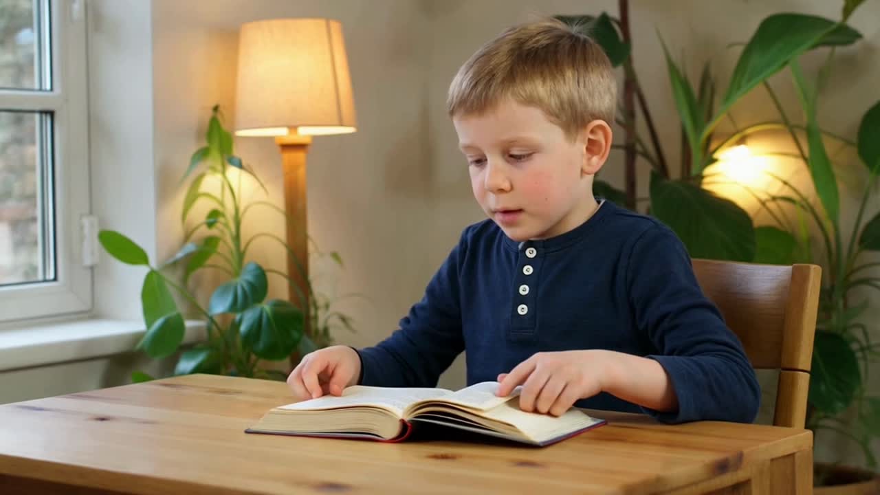 Young Boy Focused on Reading a Book at Desk