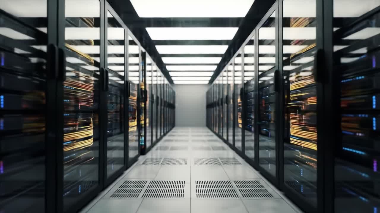 Explore the layout of a modern data center with rows of server racks, bright lighting, and efficient organization. Advanced technology powers various data processing tasks in this facility.