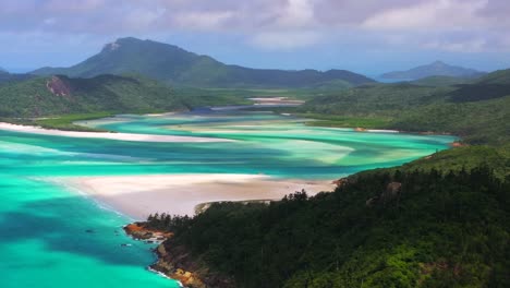 whitsundays islands whitehaven beach north end hill inlet lookout aerial drone picturesque sandy national park scenic flight view sunny clouds moving summer  clear blue waters parallax static shot