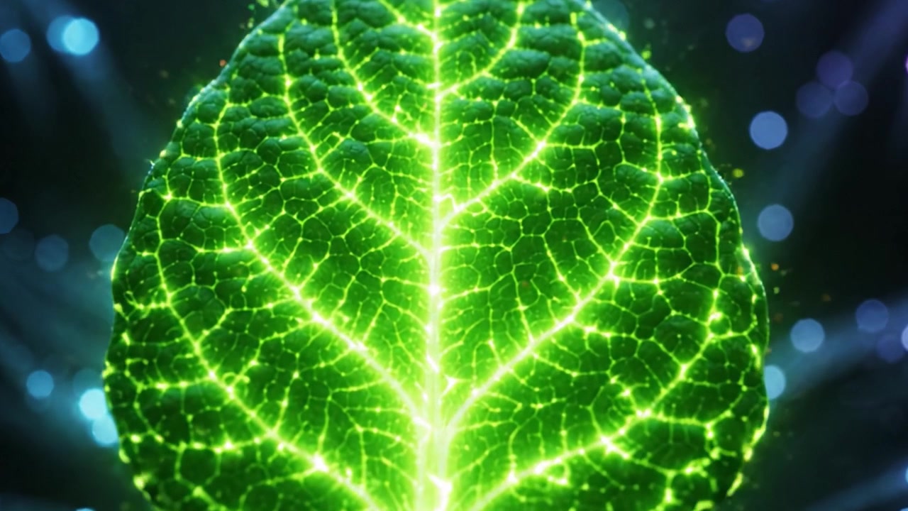 Un primo piano mozzafiato di una foglia verde illuminata con venature intricate, che irradia colori vivaci su uno sfondo scuro, catturando l'essenza della natura e la sua bellezza mozzafiato