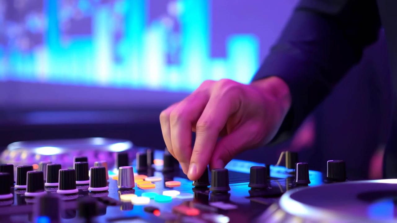 Mani di DJ che regolano le manopole del mixer, vista ravvicinata di un controller con pulsanti colorati e fader sotto luce blu neon