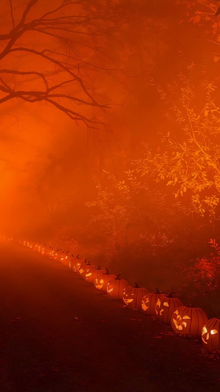 Vertical video: Gliding camera moving past jack-o'-lanterns in dusk woods, fog creating eerie mood