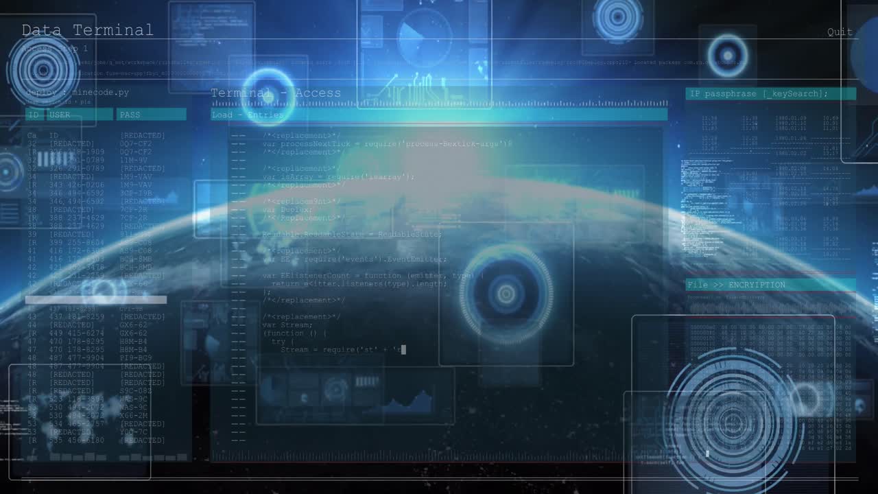 파란색 배경의 지구에 대한 데이터 처리와 디지털 인터페이스