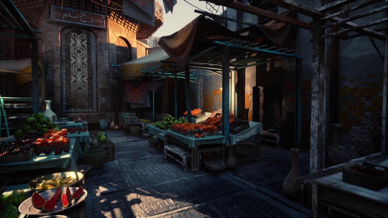 Quiet alley filled with fresh vegetables and rustic wooden booths