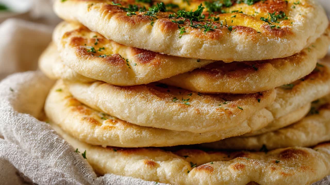 Deliciously Golden Brown Flatbread Stacked High, Garnished with Fresh Parsley and Perfectly Cooked for a Mouthwatering Experience