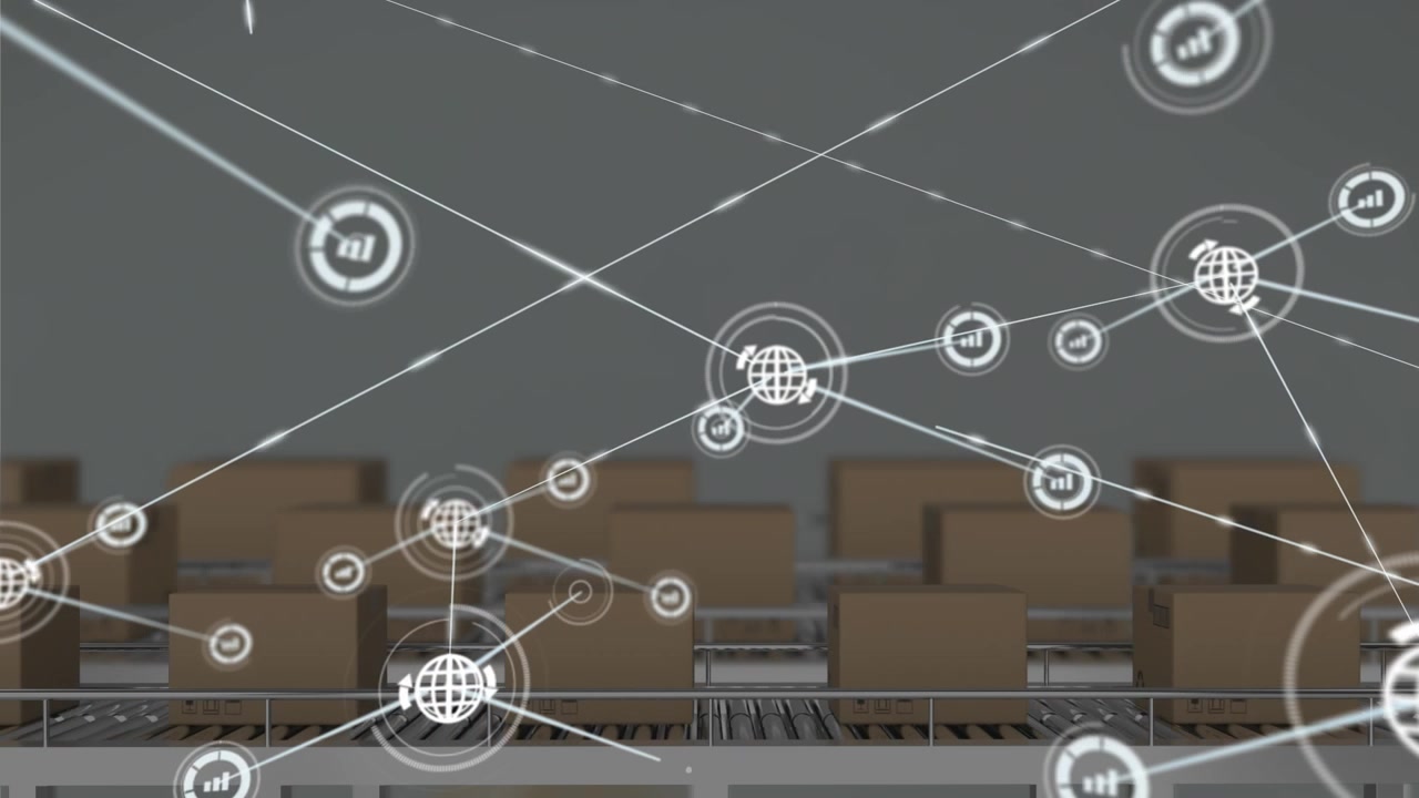 Scatole di cartone che si muovono su nastro trasportatore con sovrapposizione di rete digitale