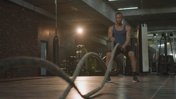Lower view of an athletic african american man in the gym.