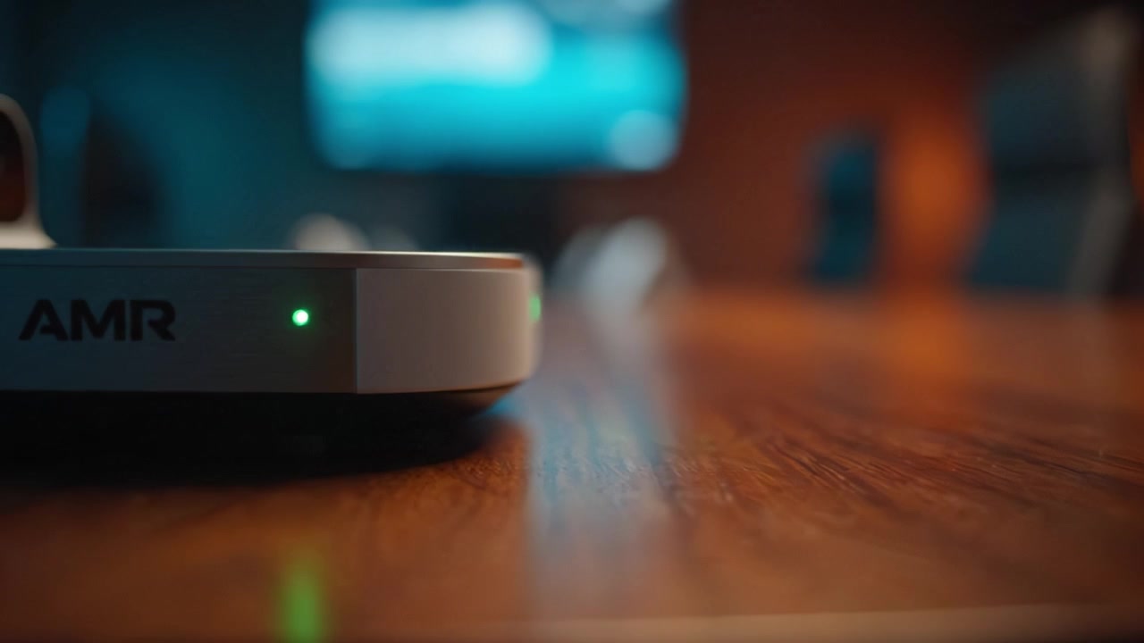 Close-up View of Conference Room Technology Displaying Innovations on a Wooden Table Surface with a Softly Illuminated Background in an Office Environment