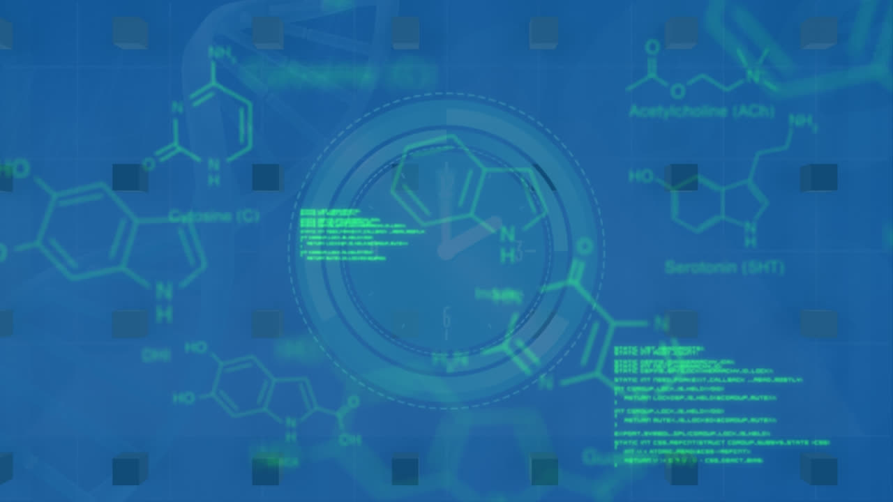 Animation of neon ticking clock over chemical structures and data processing on blue background
