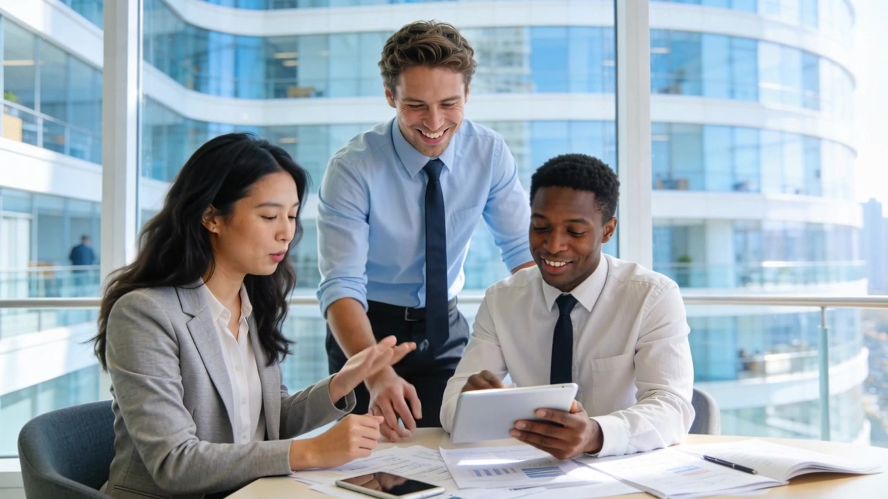 Reacting to tablet, three staff in business-attire pointing at tablet at table in office, agreeing