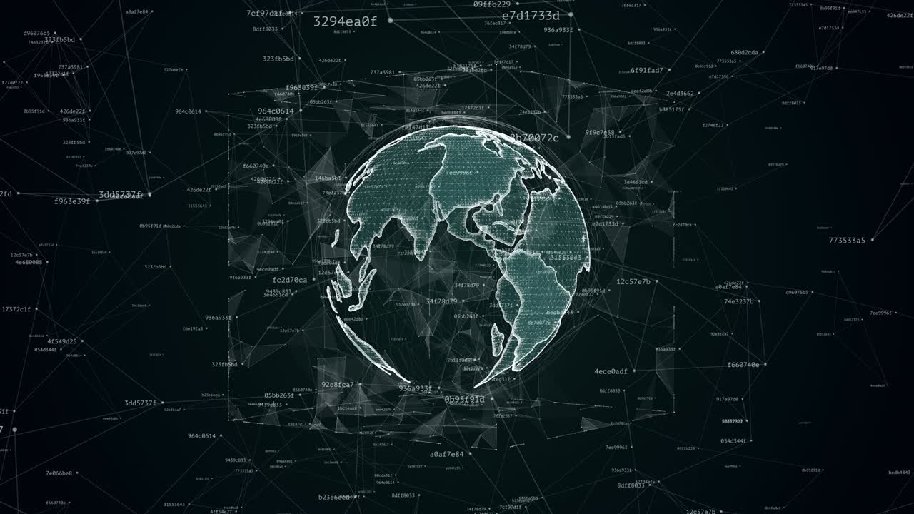 3D animation of rotating earth globe in sphere and cube surrounded digital noise