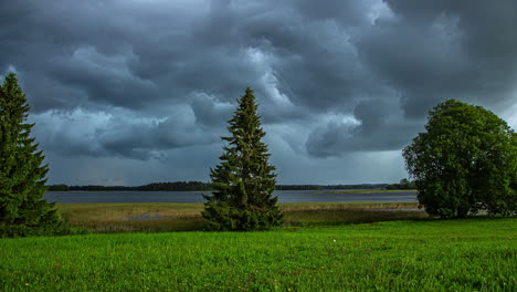 Las-Nubes-De-Tormenta-Se-Mueven-Sobre-El-Lago,-Los-árboles-Y-El-Primer-Plano-Del-Prado