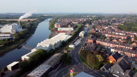 warrington industrial townscape aerial view suburban river real estate skyline pan right