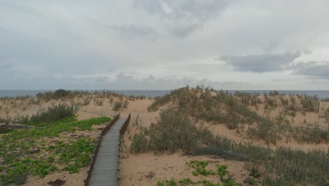 walkway to matadouro beach. aerial first-person