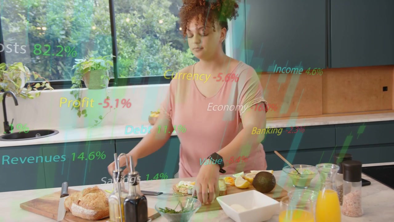 Cozinheiro pegando faca, preparando pão e coberturas para servir, enquanto termos financeiros pairam sobre ele.