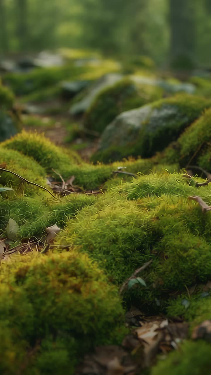 Video verticale: ripresa dal basso con angolazione della camera che mostra cumuli di muschio sul suolo forestale per studiarne la texture e le rocce