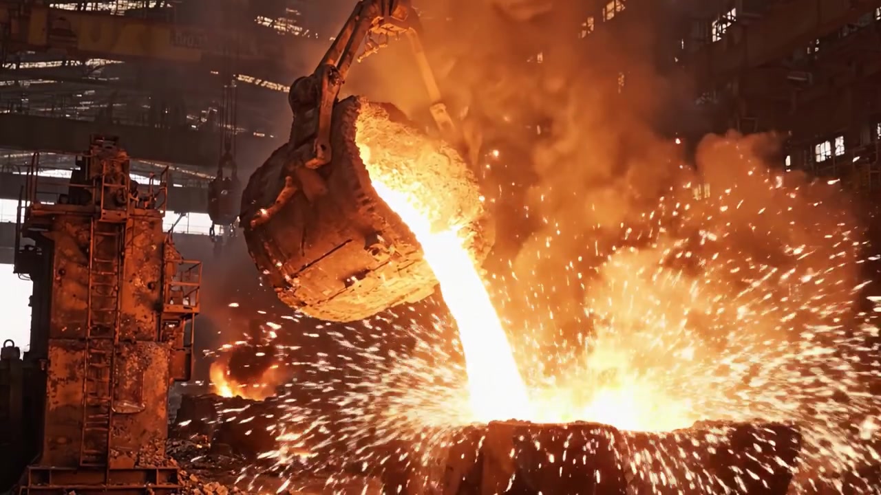 Molten metal being poured into molds in an industrial foundry, showcasing the dramatic visual of intense heat, vibrant flames, and the intricate process of metallurgy in action.