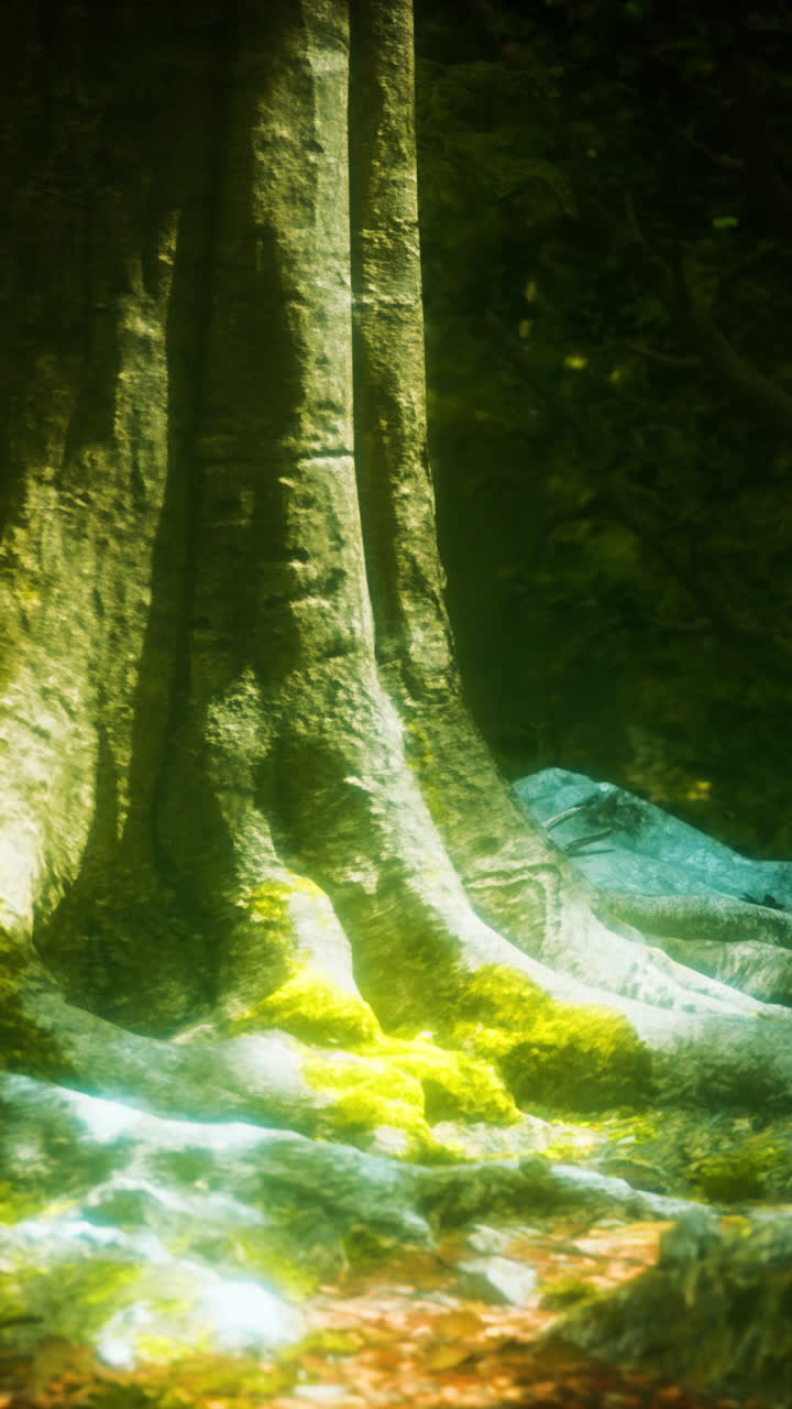 un primer plano de un tronco de árbol y raíces en un bosque