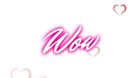 animación de texto, wow, con corazones cayendo sobre fondo blanco