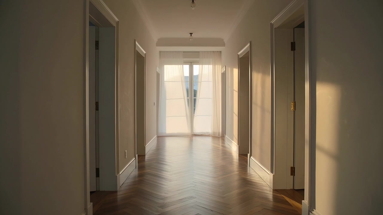 Tende velate che ondeggiano alla porta a vetri in corridoio per la brezza, con la luce solare che si sposta sul pavimento in legno.