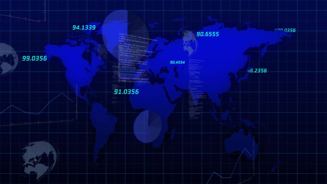 Animation of financial data processing over world map on dark background
