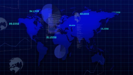 animation of financial data processing over world map on dark background