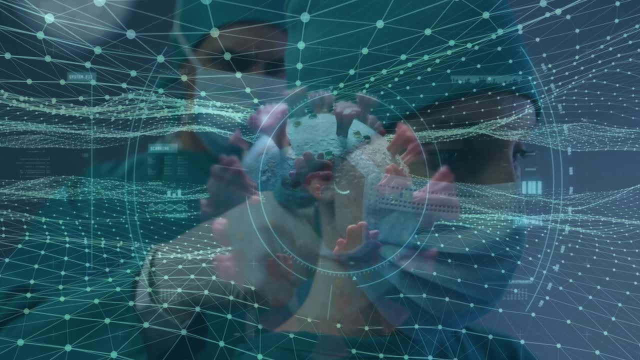 animación de la célula de covid 19 sobre los cirujanos con máscaras faciales