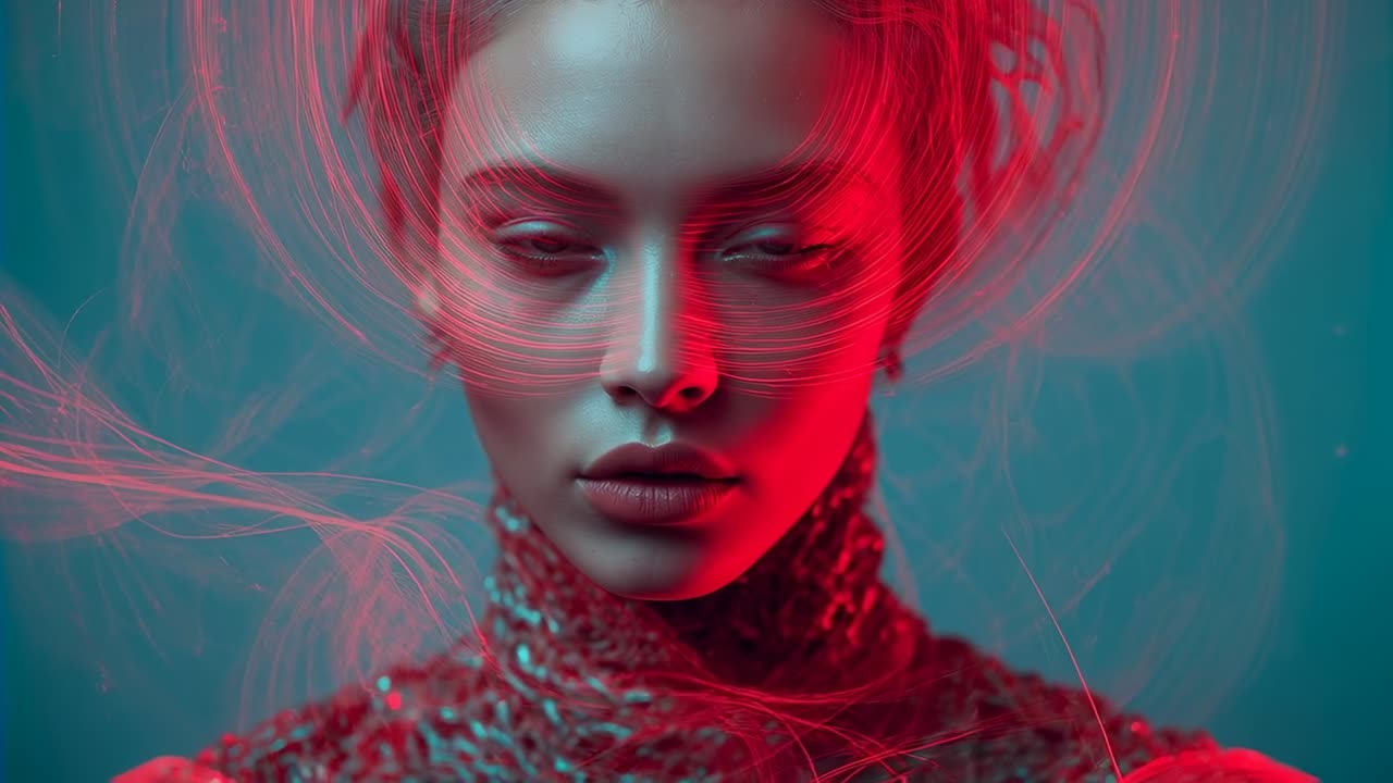 Studio fan blowing model holding gaze high-neck knit drifting fibers and redteal gel for portrait